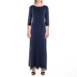 Alex Evenings Navy Blue Lace 3/4 Sleeve Maxi gown Dress Women's Size 6